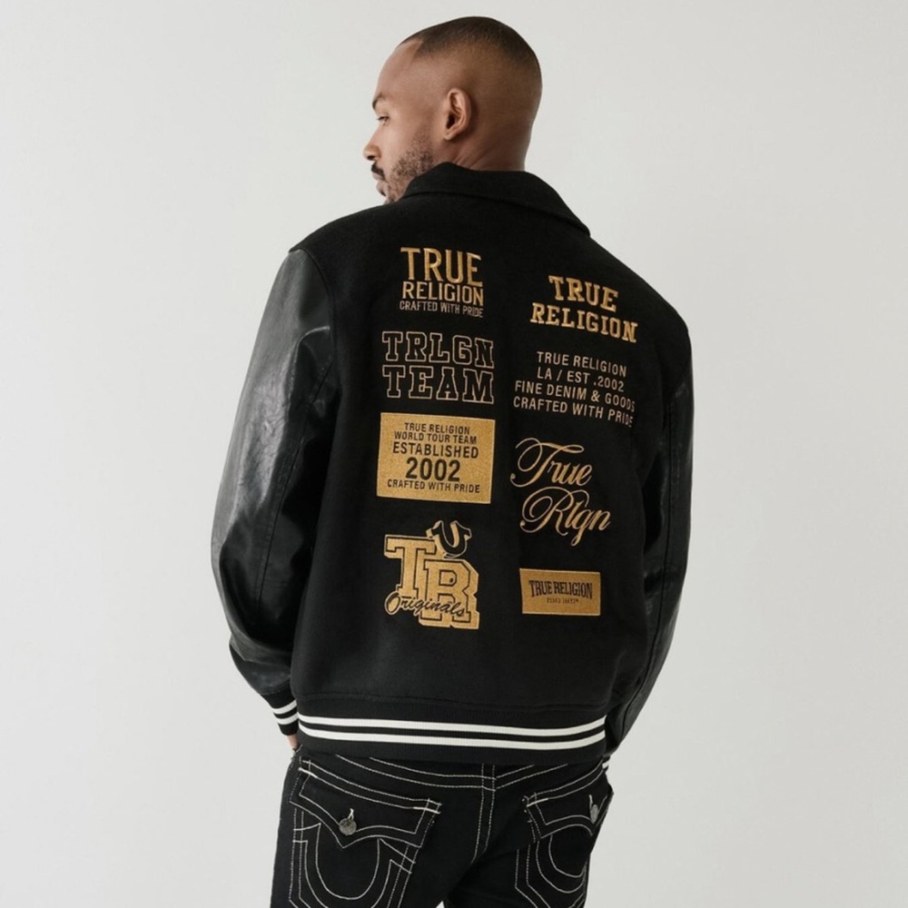 True Religion Men's Black and Gold Bomber Jacket